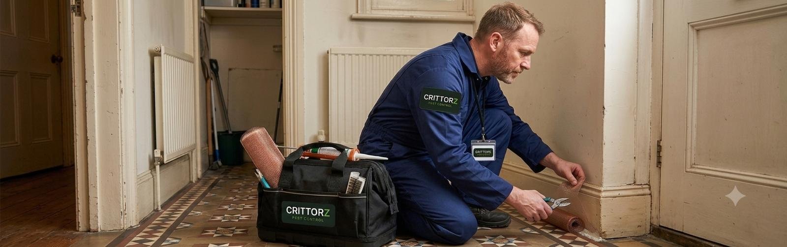 Crittorz pest control technician carrying treatment equipment inside a property